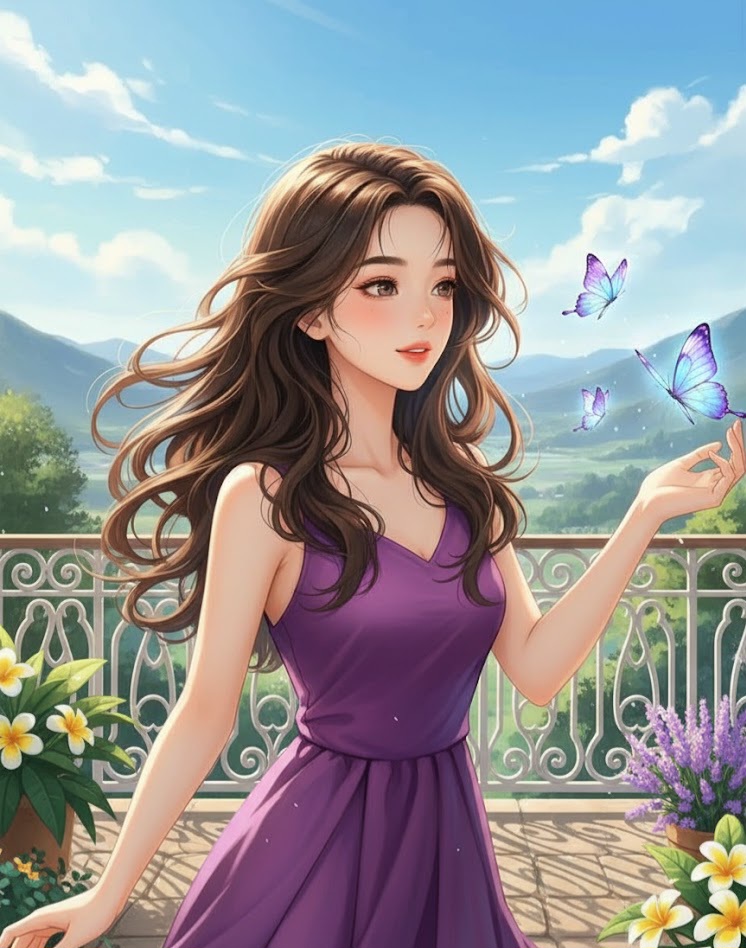 woman-purple-dress-butterflies-balcony-scenic