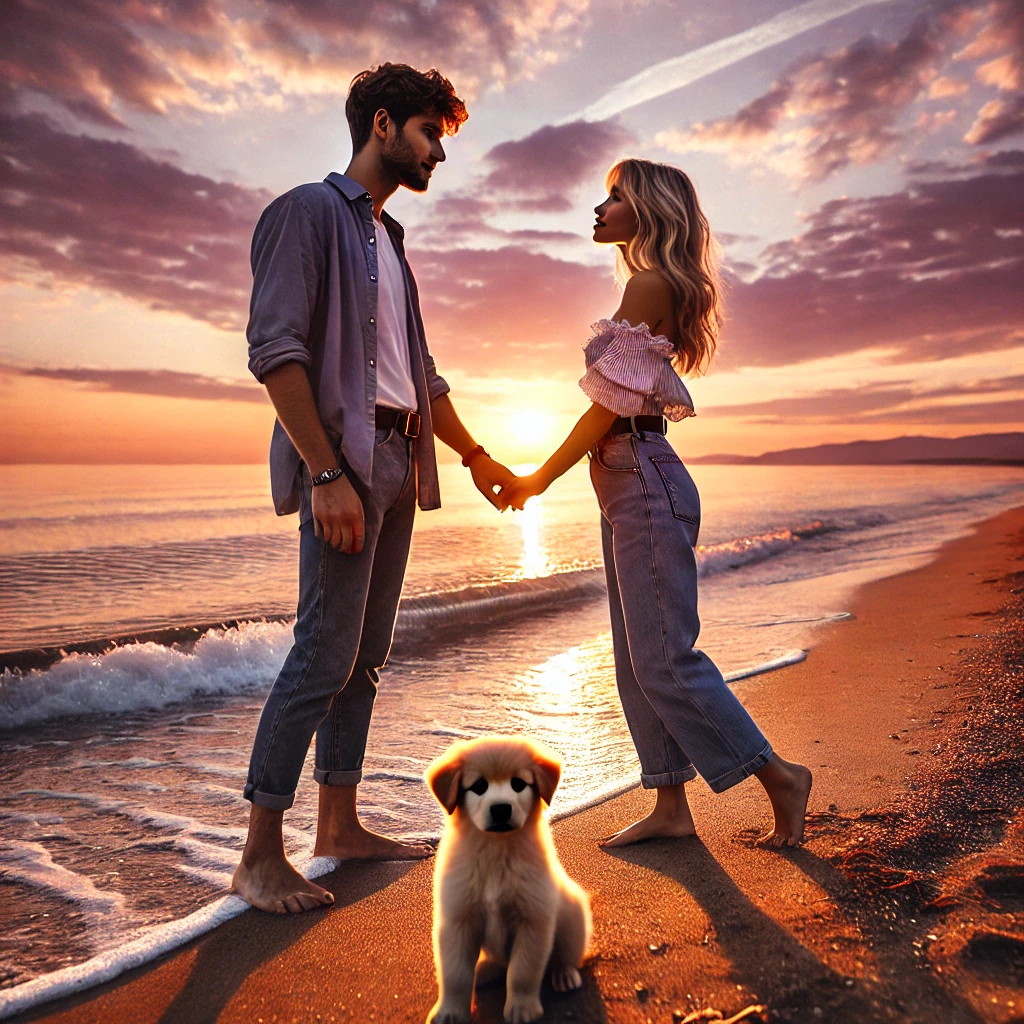 romantic_couple_beach_sunset_with_puppy