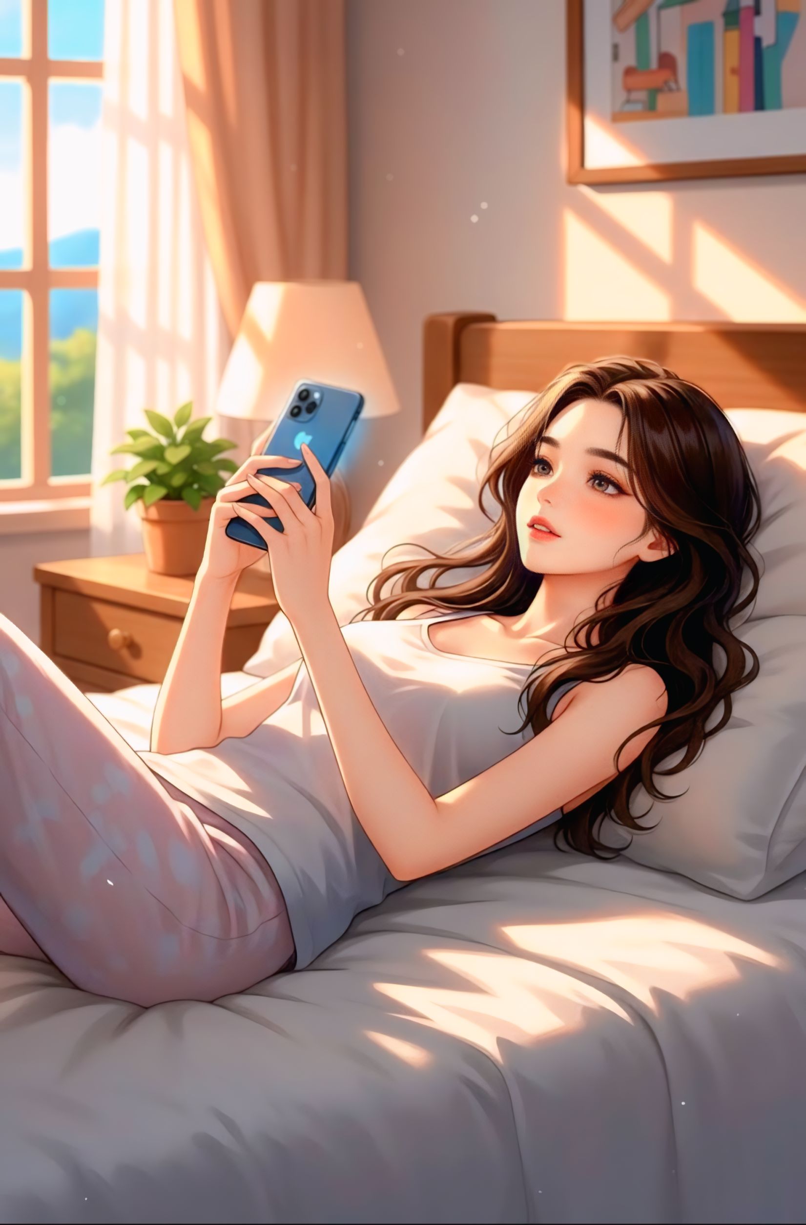 anime-girl-on-bed-with-phone-morning-light