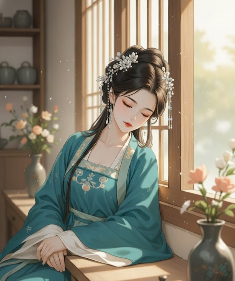 chinese_woman_teal_hanfu_window