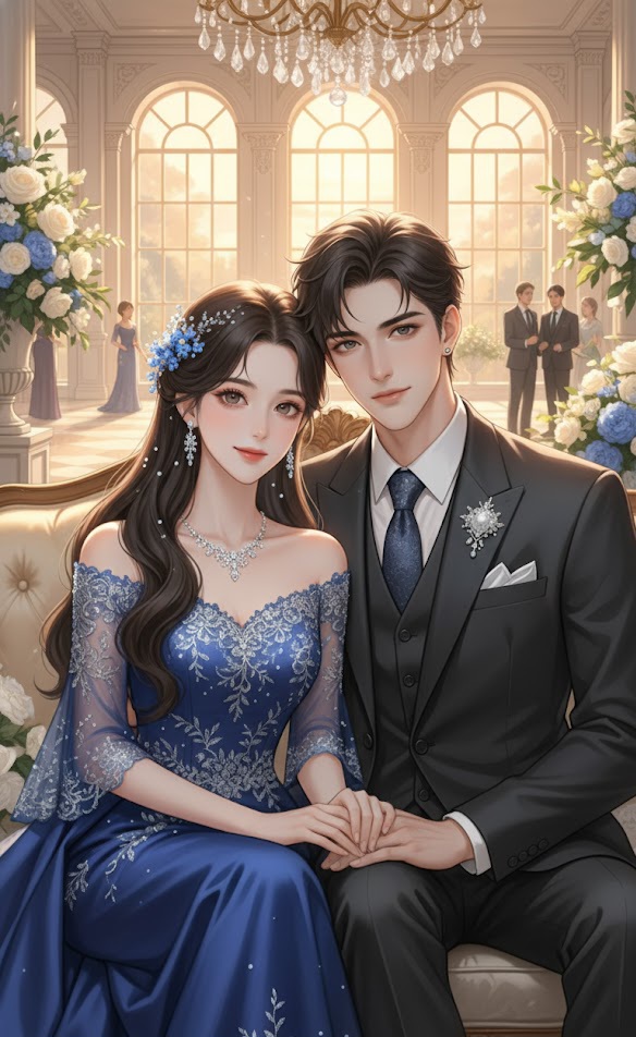 Romantic-Couple-Wedding-Formal-Portrait-Blue-Dress-Suit-Elegant-Venue