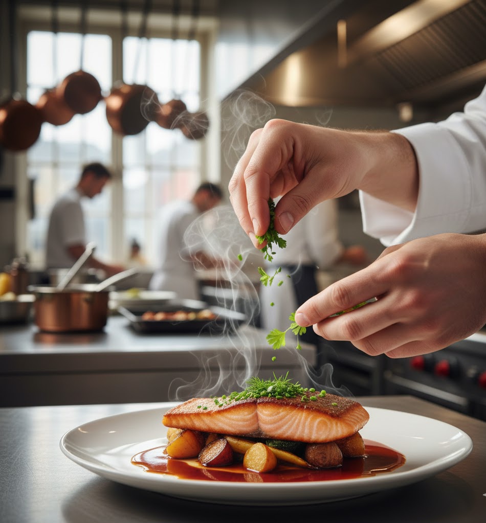 gourmet-chef-plating-salmon-fresh-herbs-professional-kitchen