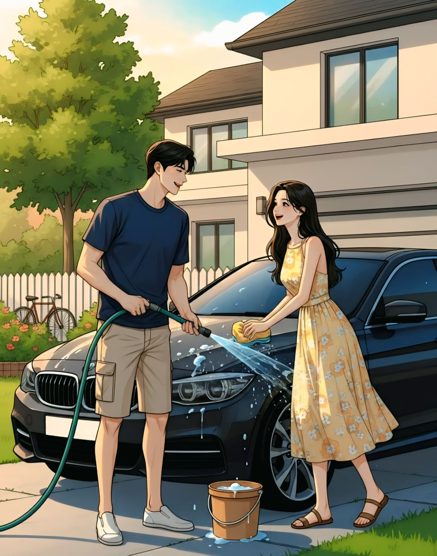 couple-washing-car-sunny-day