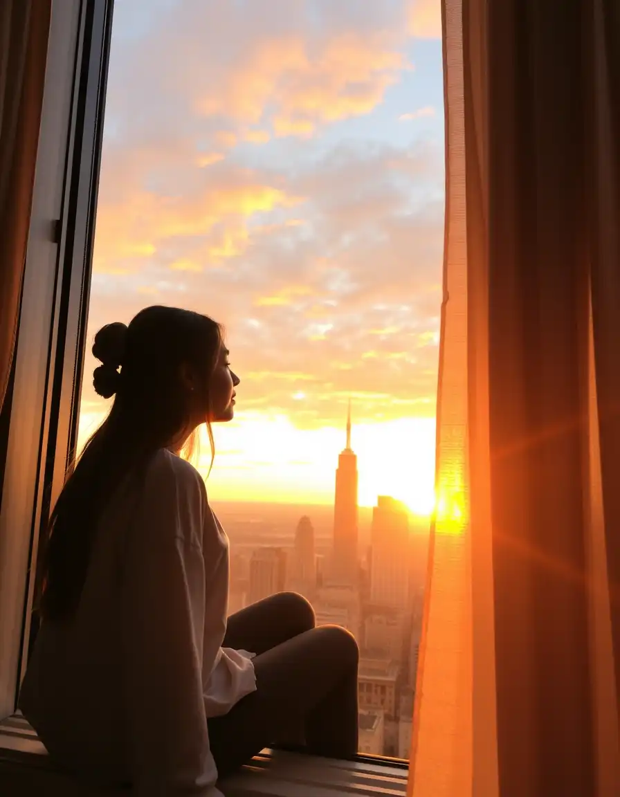 girl gazes through the window