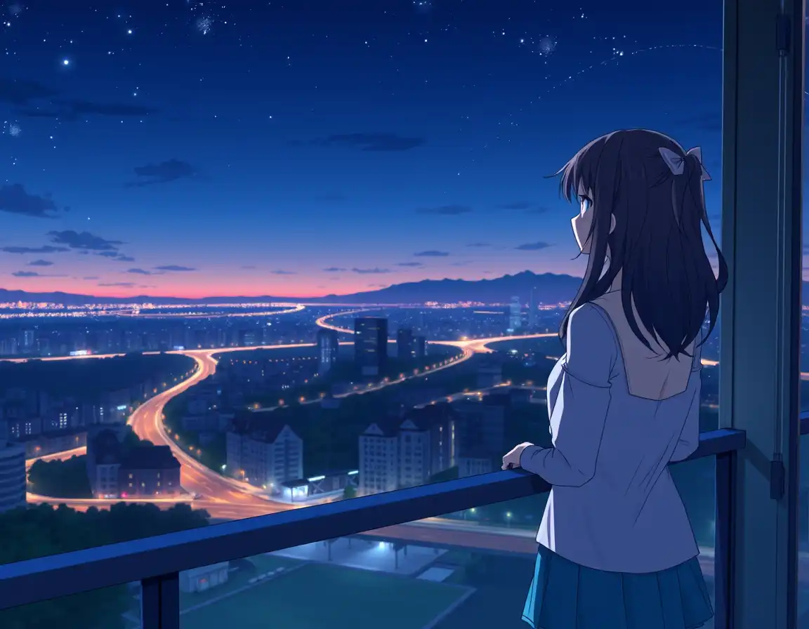 An anime girl stands on the balcony at night