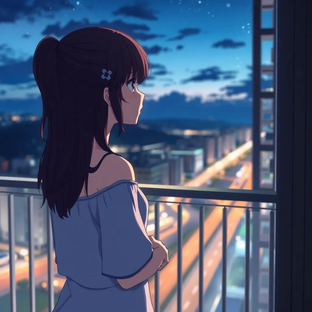 A girl stands by the window at night