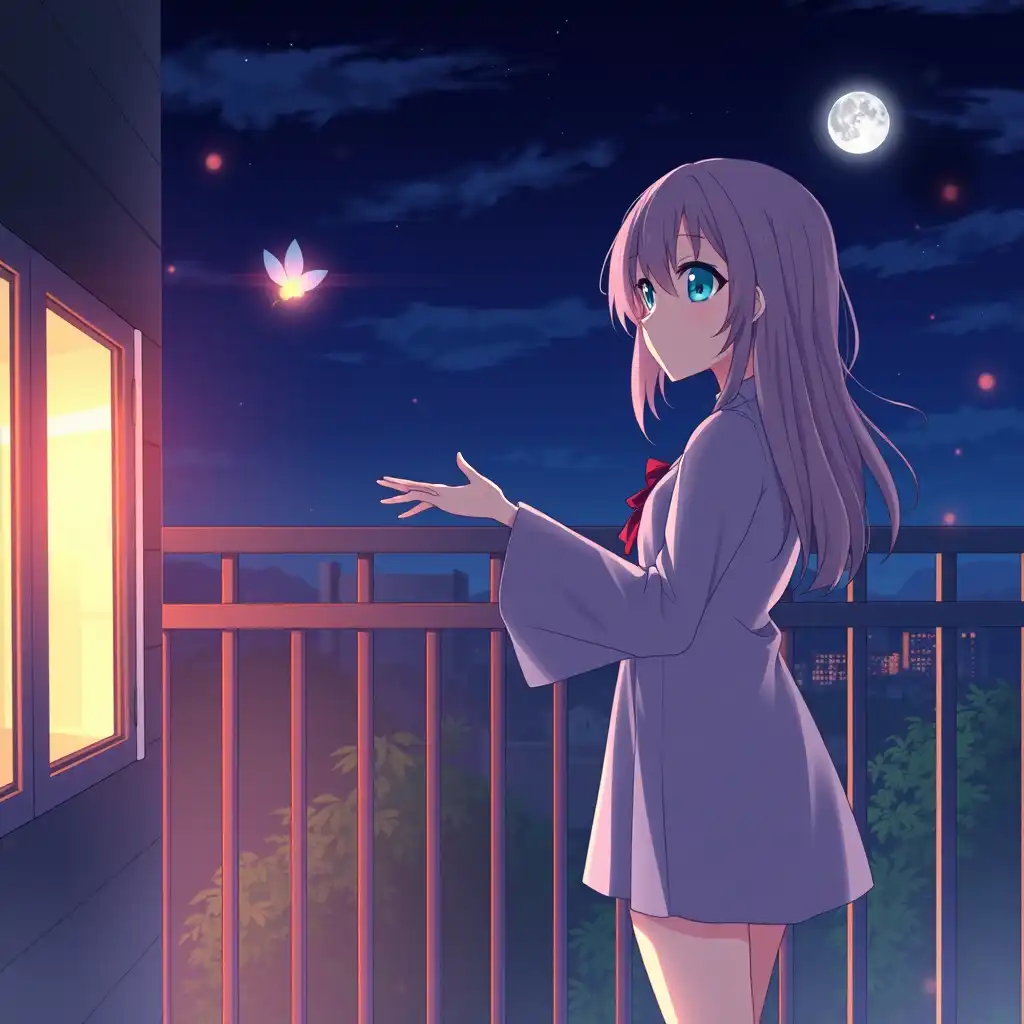Anime woman stands at night