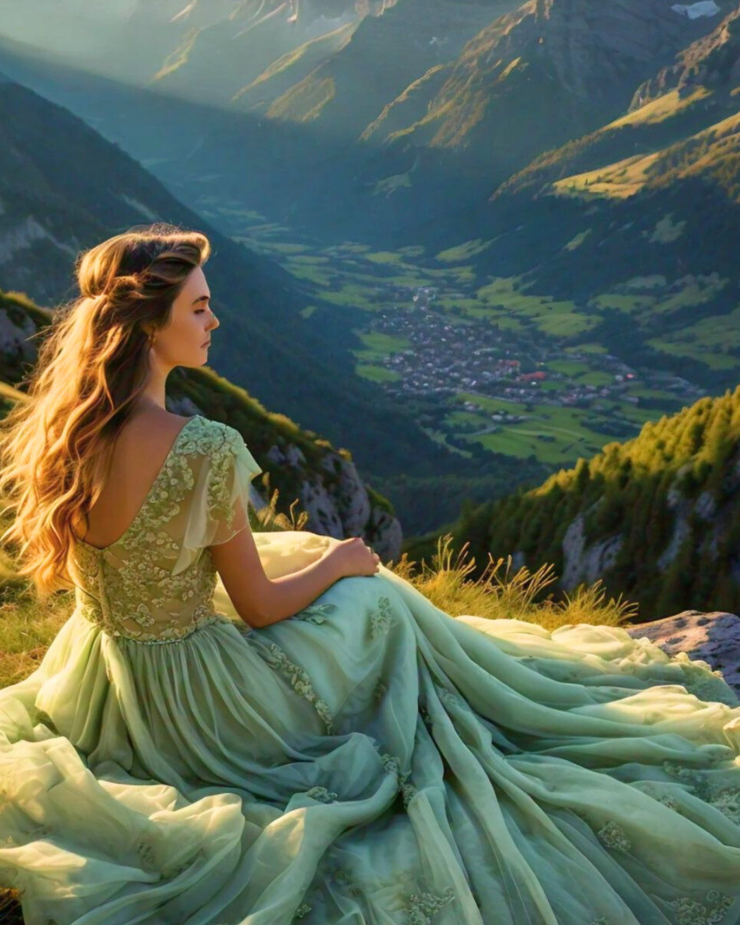 woman-green-dress-mountain-valley-view-sunset