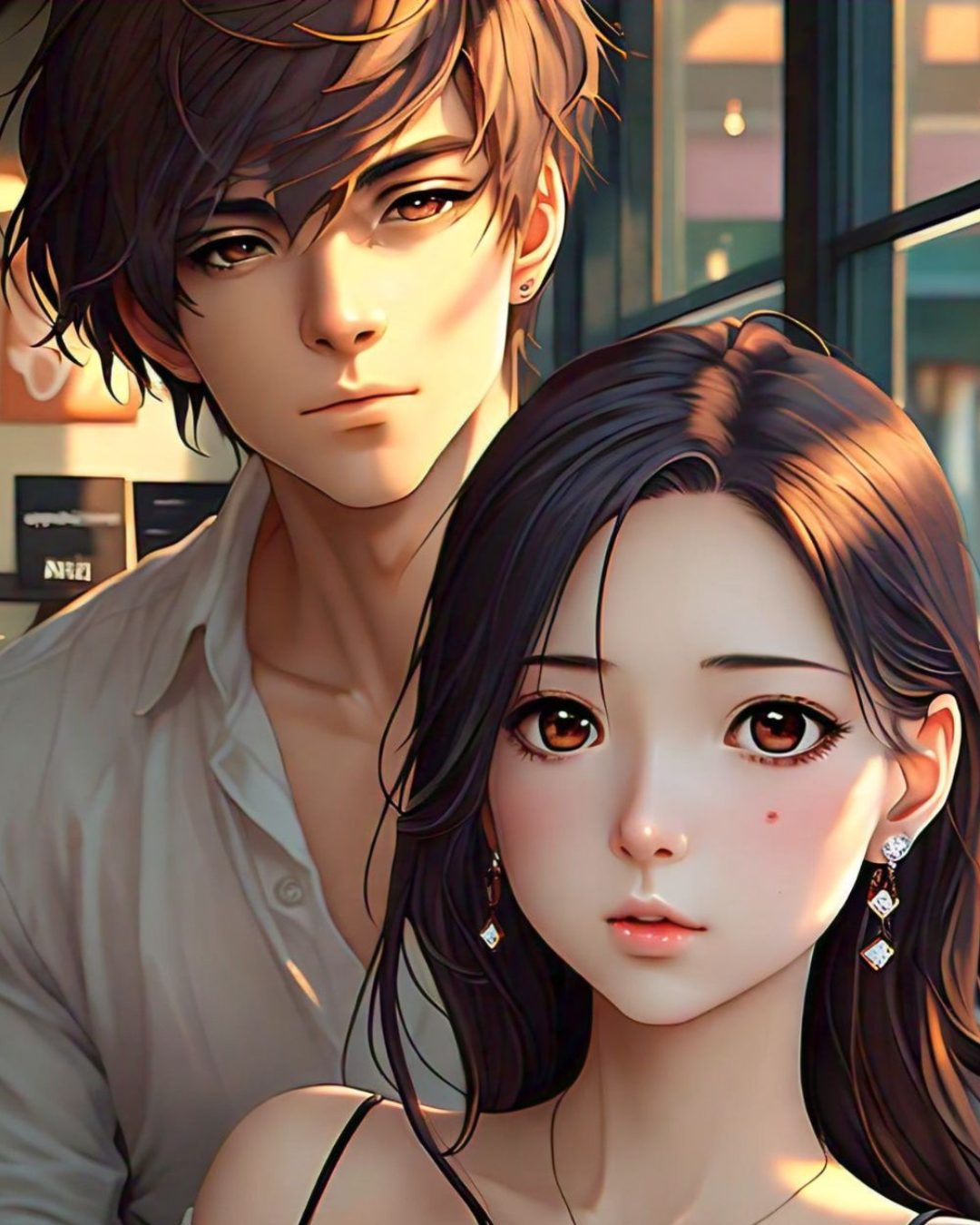 anime-style-asian-couple-portraitA beautiful, highly-detailed digital illustration of an Asian couple in a modern anime/manga aesthetic. The woman, with long dark hair and striking diamond earrings, looks directly at the viewer, while the handsome man in a white shirt stands closely behind her. The warm, soft lighting and subtle background elements create an intimate, romantic atmosphere, ideal for character art or graphic novel cover design.A beautiful, highly-detailed digital illustration of an Asian couple in a modern anime/manga aesthetic. The woman, with long dark hair and striking diamond earrings, looks directly at the viewer, while the handsome man in a white shirt stands closely behind her. The warm, soft lighting and subtle background elements create an intimate, romantic atmosphere, ideal for character art or graphic novel cover design.